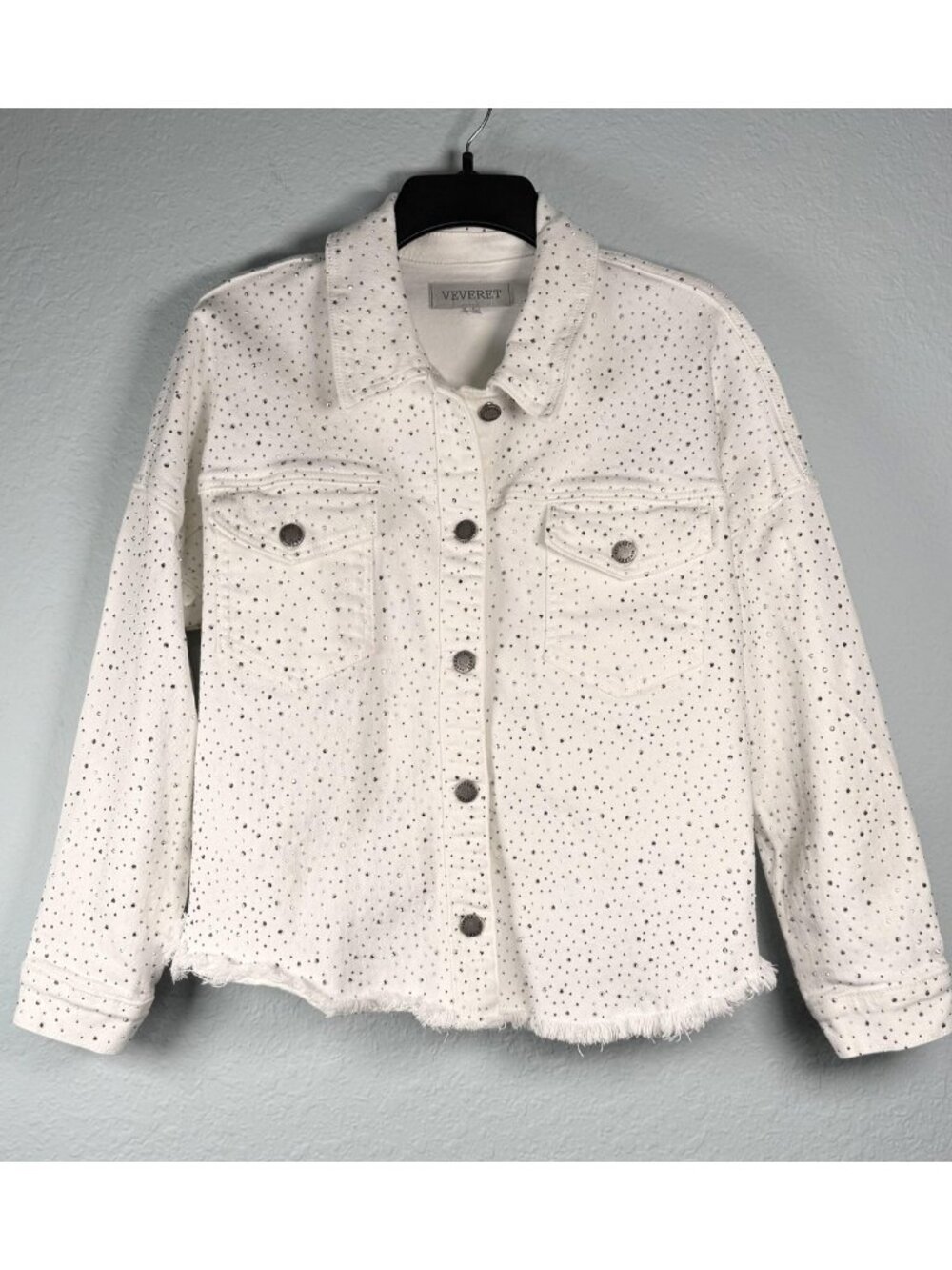 Veveret Rhinestone Denim Jacket Womens S White Studded Frayed Hem Sparkle *READ*